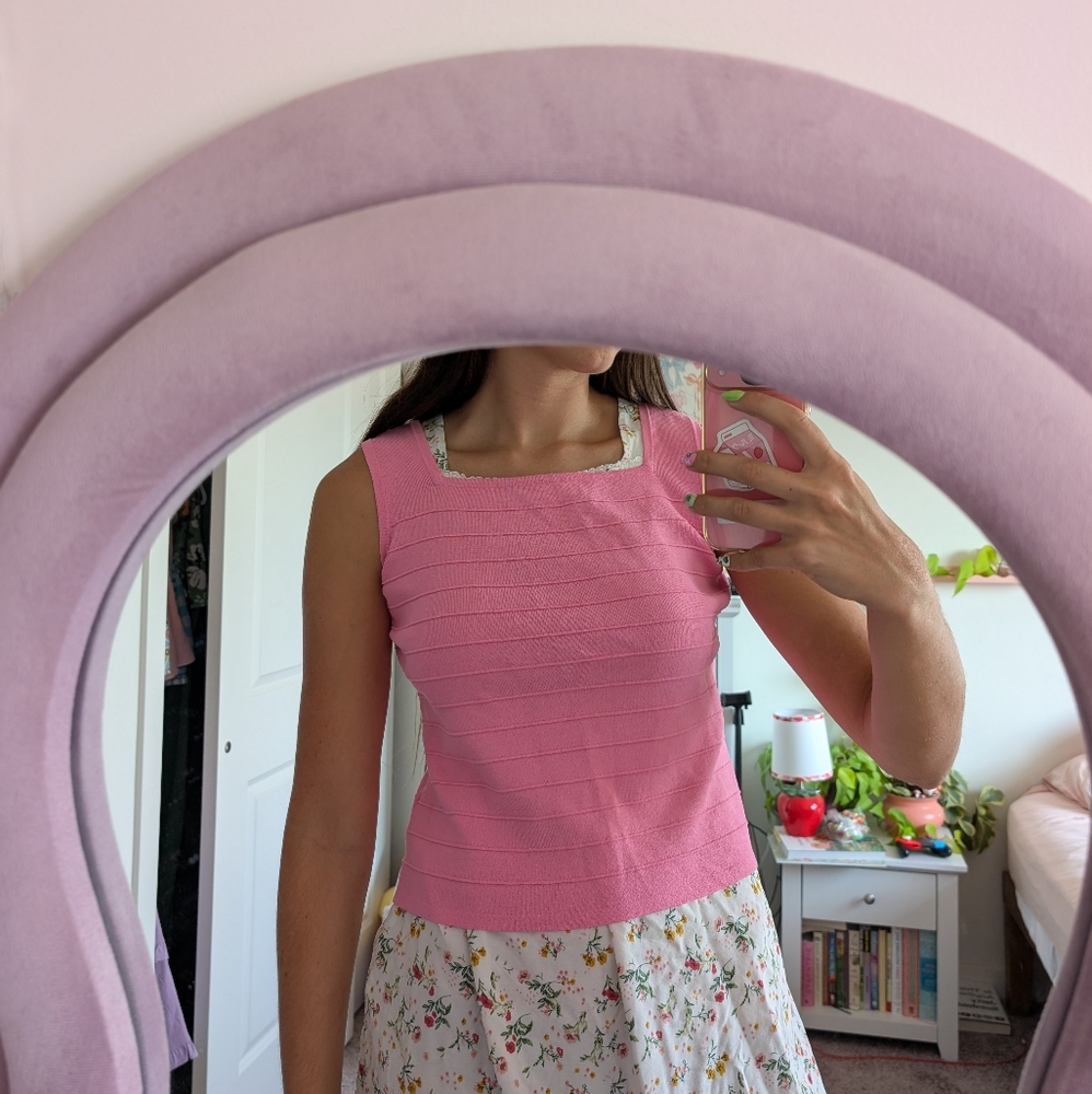 Vintage Vibrant Pink Tank Top Ribbed Pattern Size Large